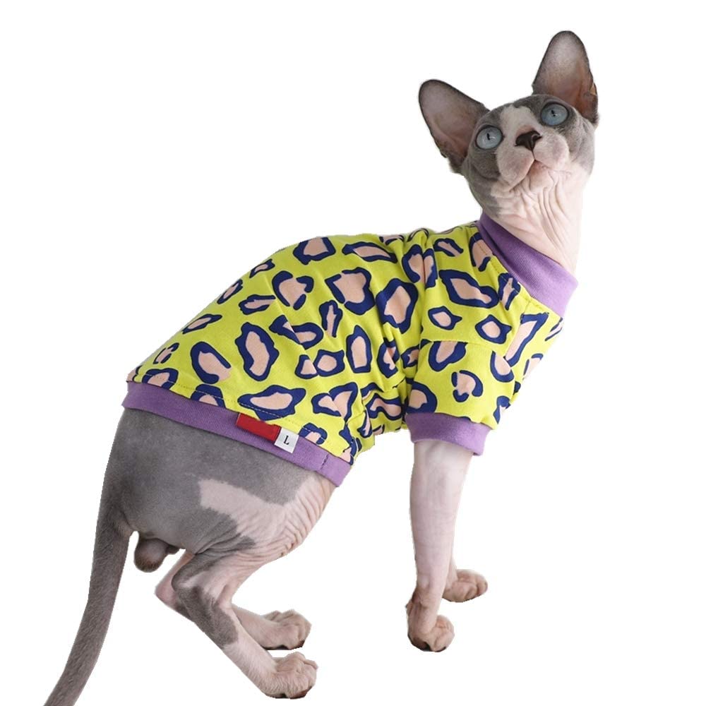Sphynx Hairless Cat Cute Summer Cotton T-Shirts Pet Clothes,Round Collar Kitten Shirts Cats Apparel (Leopard, Medium (Pack Of 1)